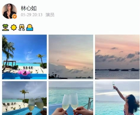 5月29日，林心如社交平台上晒出了一组美照。并且还配上了表情包：大树、太阳、香槟