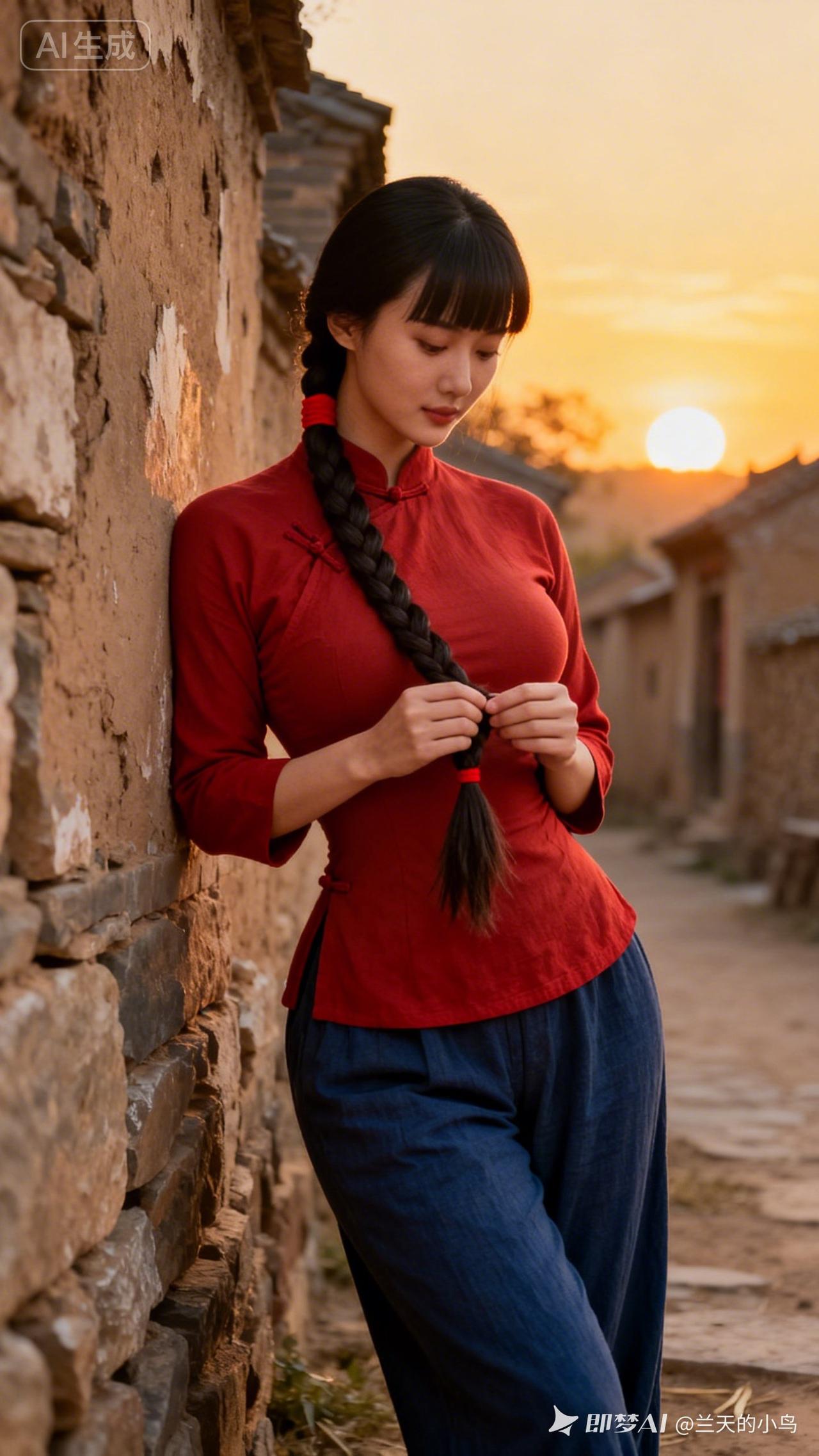 夕阳下的古风少女，红衣飘飘，韵味十足。