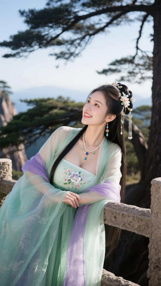 鹧鸪天·迎客松畔罗袂生香立险峰，青绡轻覆玉光融。云鬟暗绾烟霞色，翠袖遥牵鹤