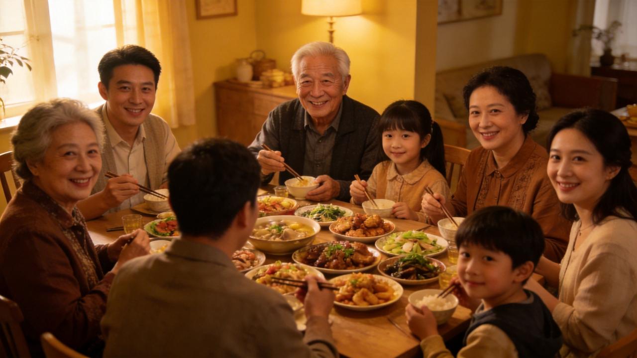 今天全家聚餐,七大姑八大姨都来了。一大早就热闹起来,厨房里、客厅里都是人。我