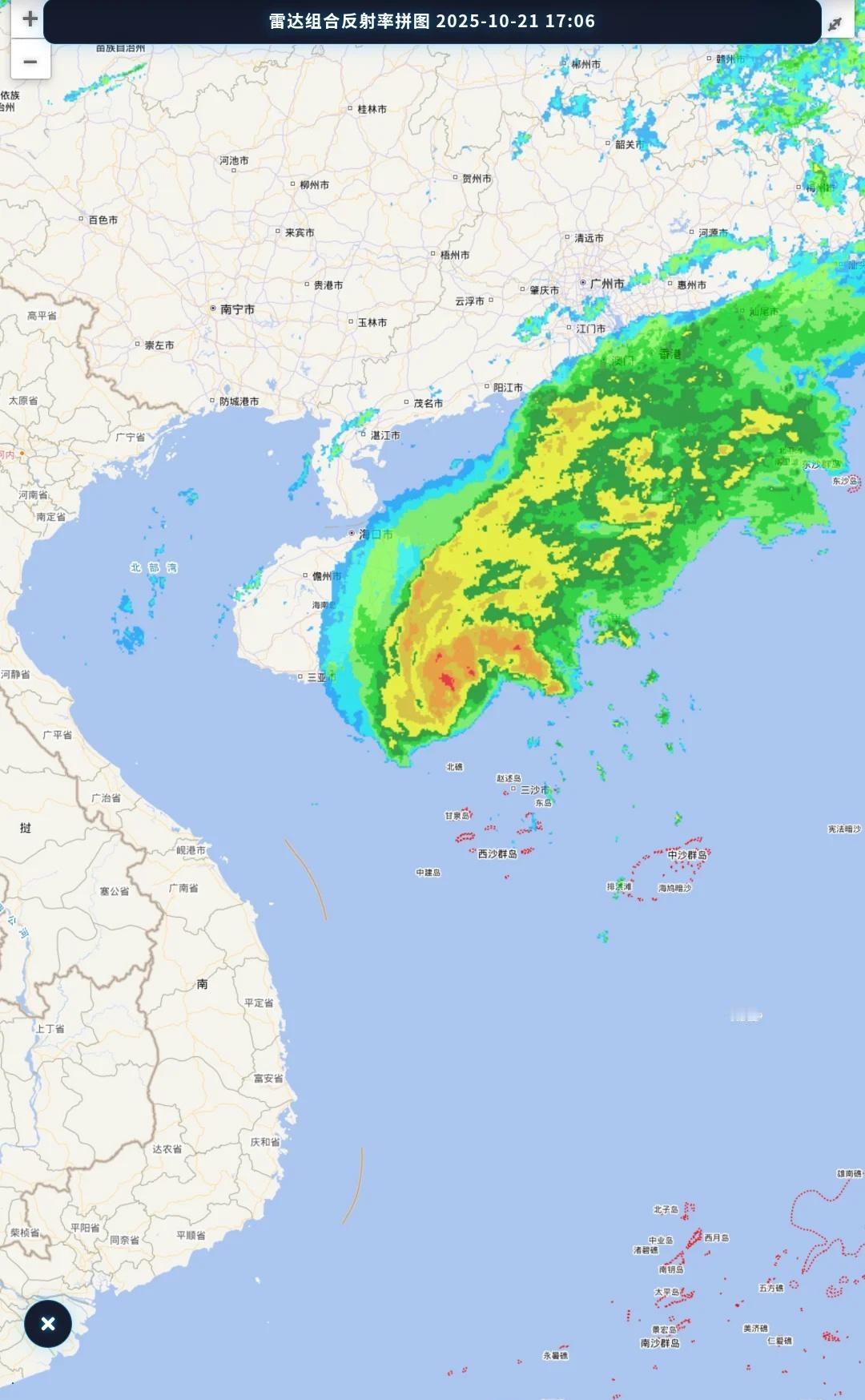 台风风神中心定位有问题，明天登陆或擦过海南岛南部根据雷达回波图，以及云图台风中