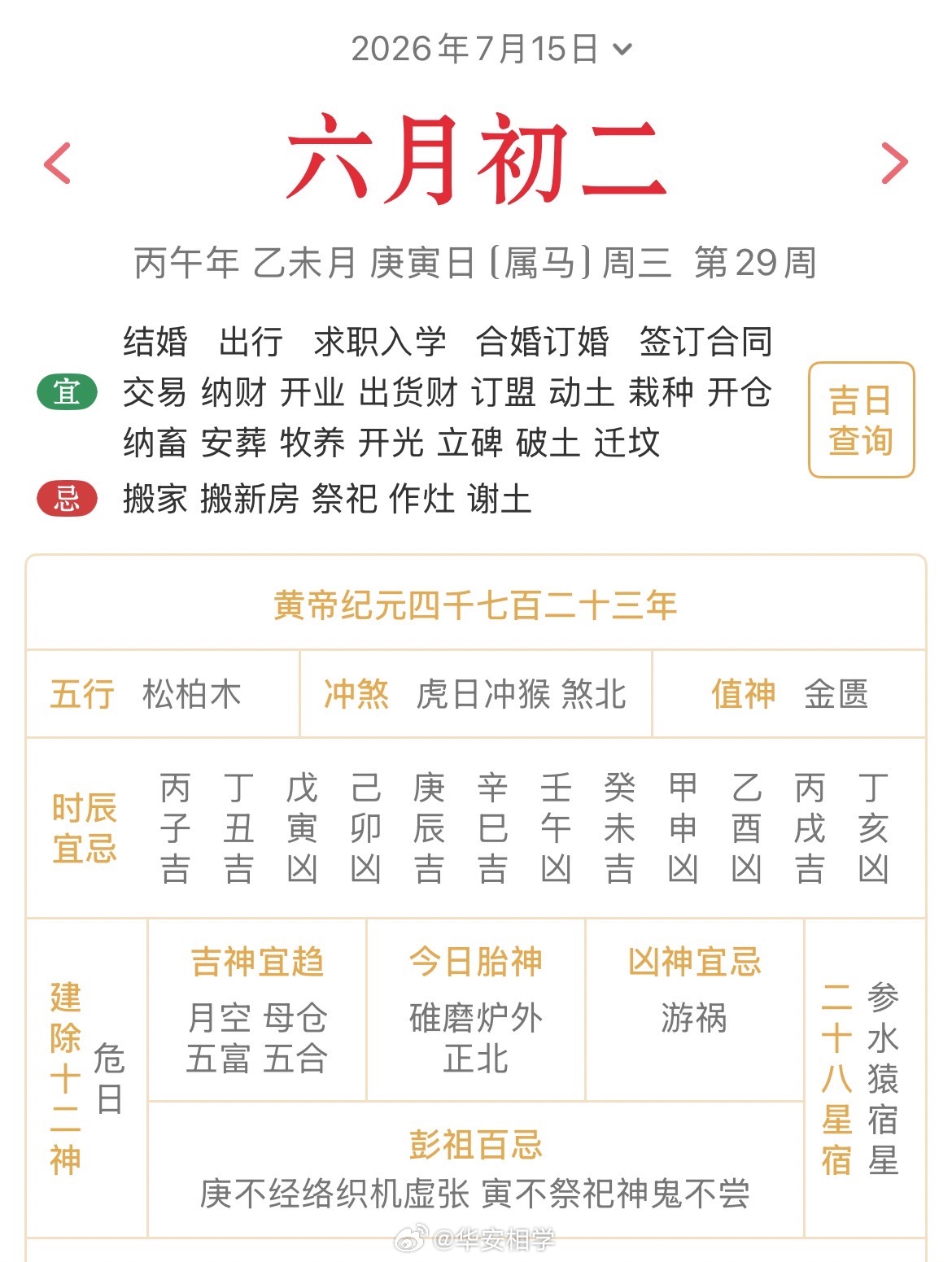 十二生肖每日简运仅供参考2026.7.15丙午年乙未月庚寅日庚寅天克地冲甲申：