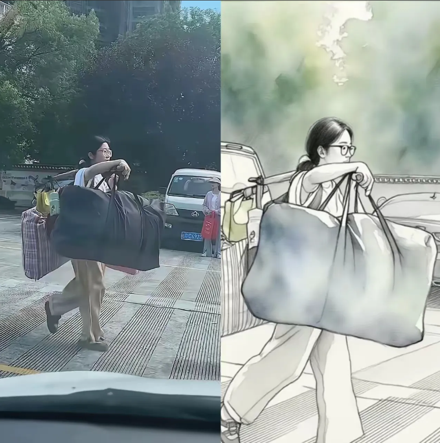 这下知道了，原来，女孩之所以用扁担挑，是因为她挑的东西让人意想不到，原来整