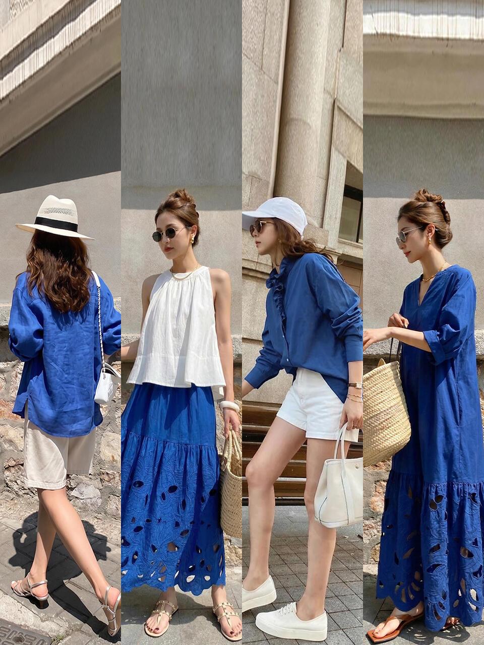 夏季出游就这么穿，超多look很松弛！主打清爽亚麻面料，克莱因蓝与纯白搭配亮眼