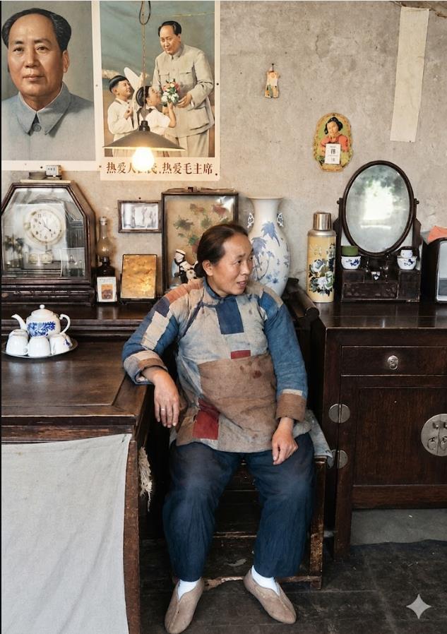 20世纪六七十年代，一个家庭里，墙上悬挂的毛泽东主席画像与“热爱人民，热爱毛主席