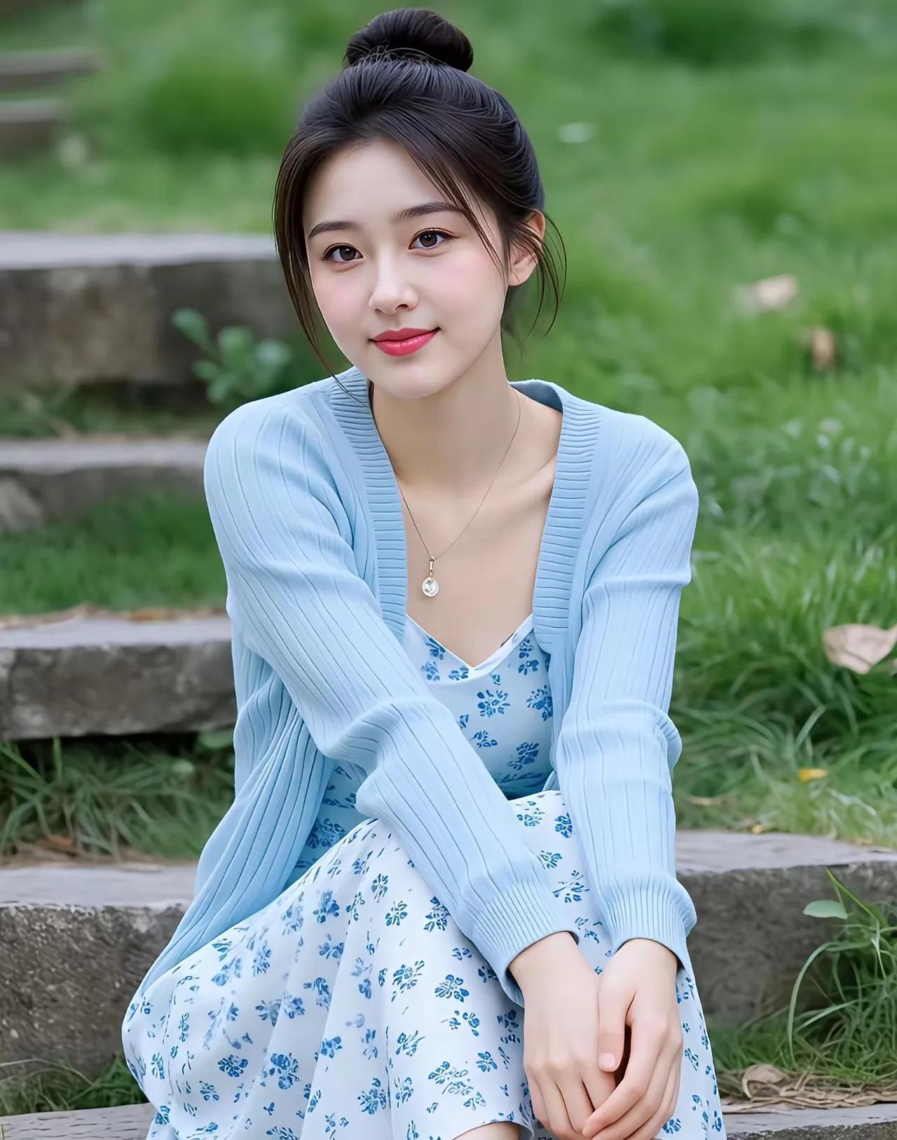 清新少女风，蓝白相间，自然舒适，阳光明媚的一天。