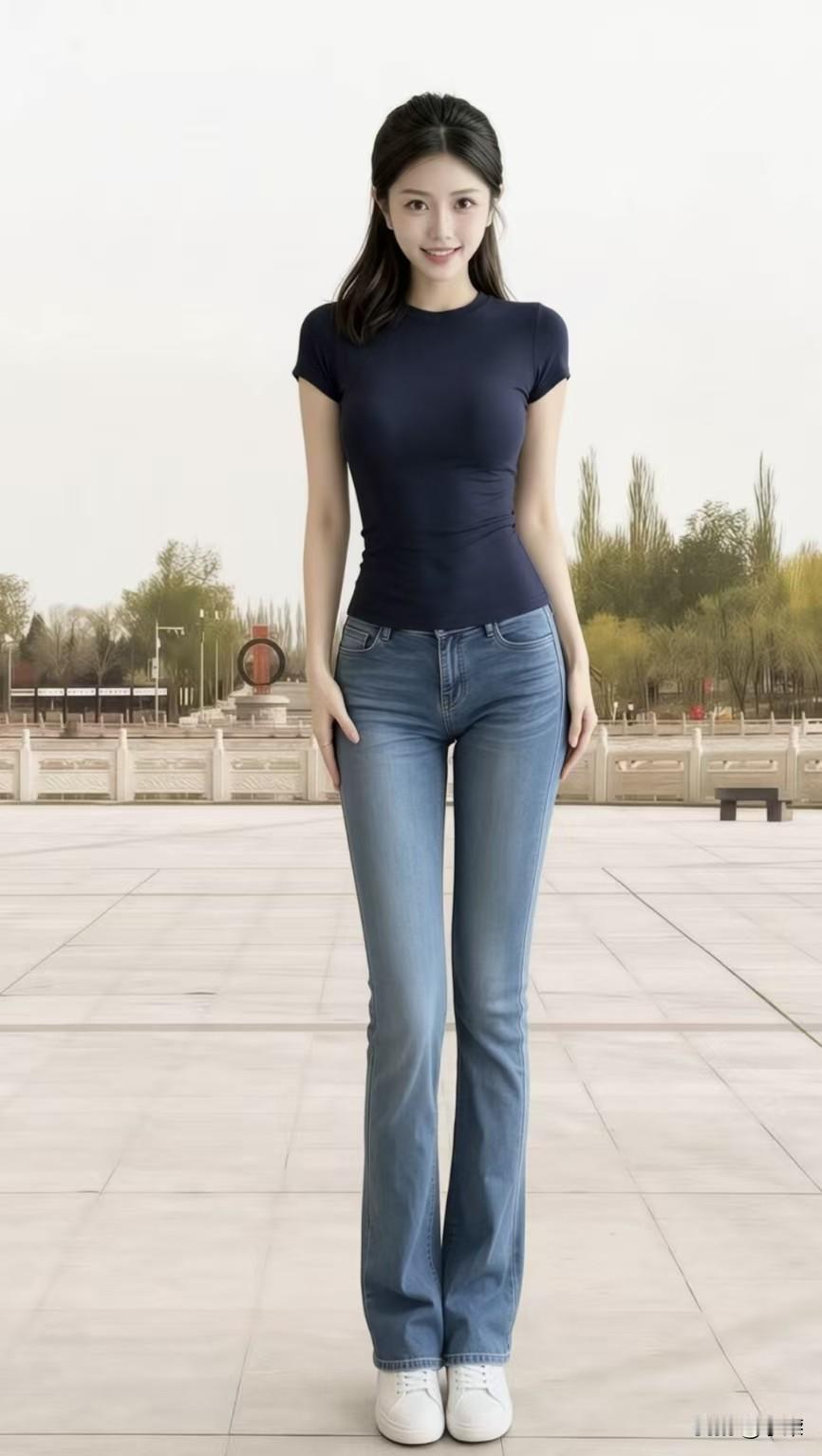 如何搭配时髦修身牛仔裤?一藏蓝收腰T配浅蓝牛仔线条顺着身形铺成利落的诗