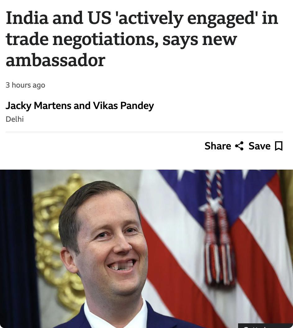 外媒：美国新任驻印度大使戈尔称美印正在积极进行贸易谈判。戈尔表示美印关系至关