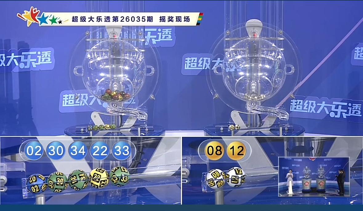 大乐透第26035期开奖号码现已揭晓：前区号码为02、22、30、33、34，后