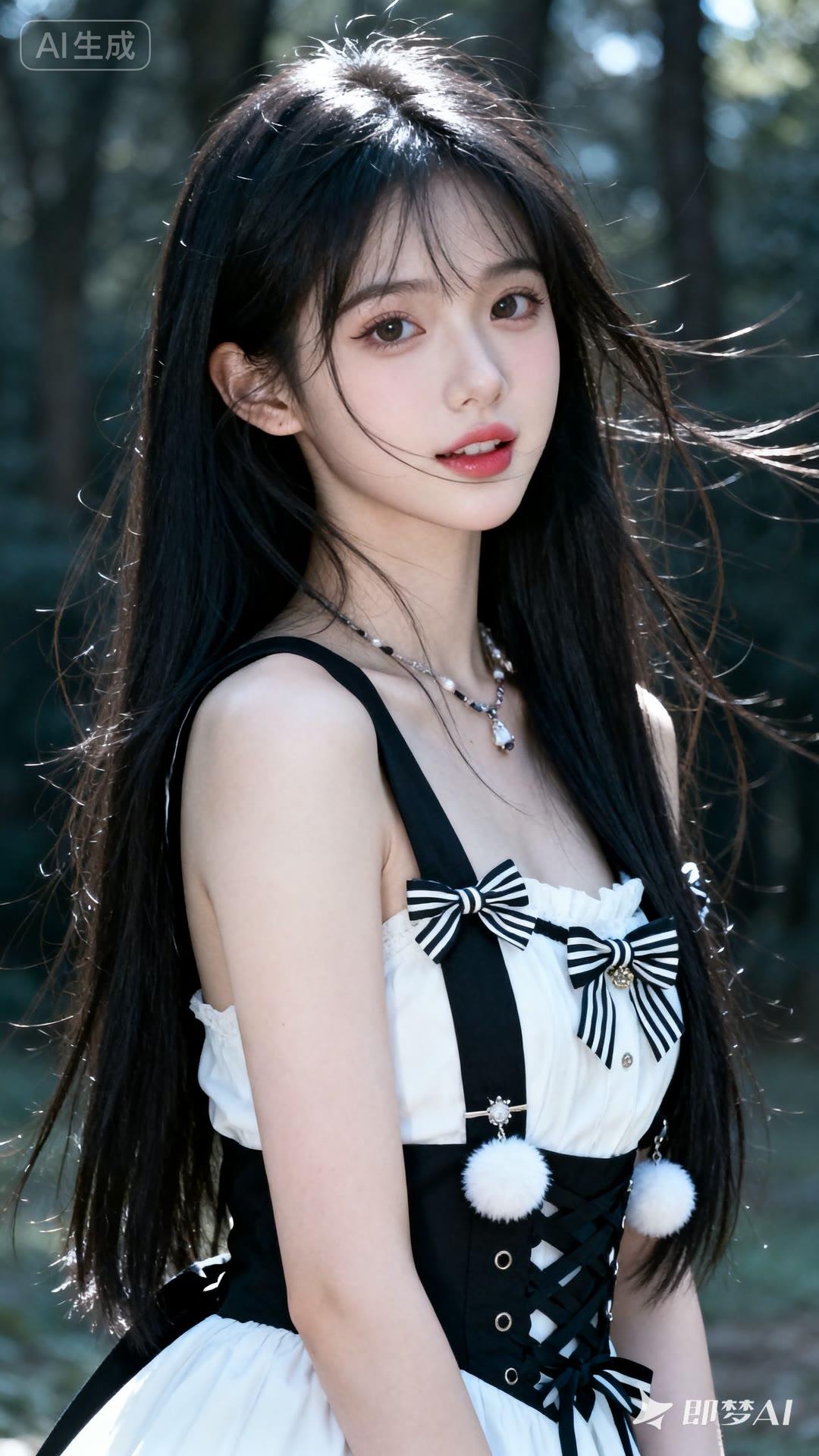 森林中的甜美少女，黑发白裙，梦幻可爱。