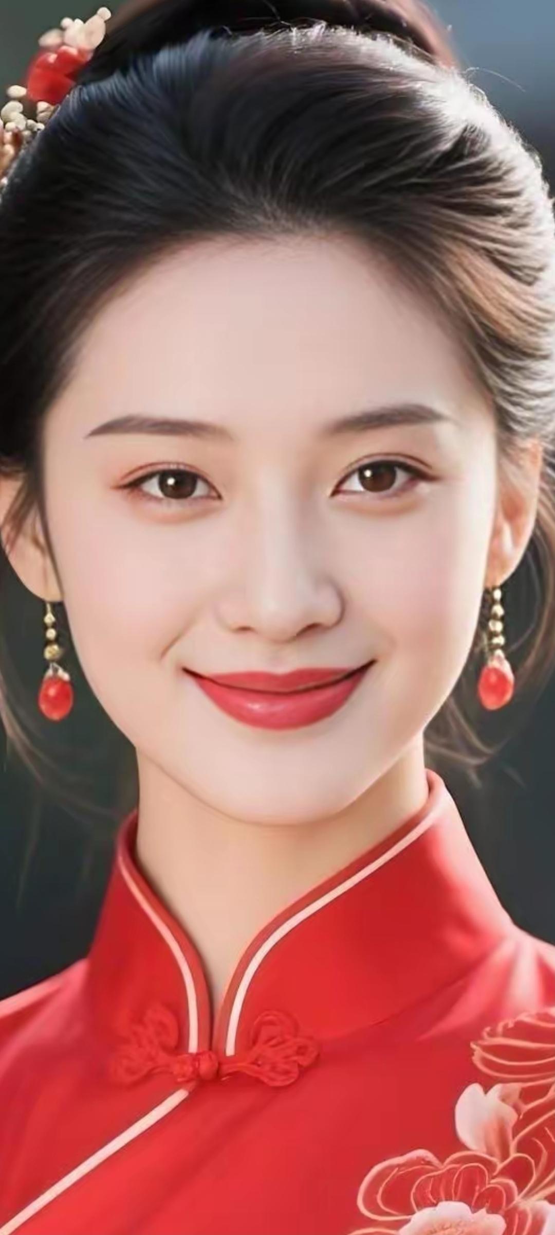 红衣美人，古典优雅，笑靥如花