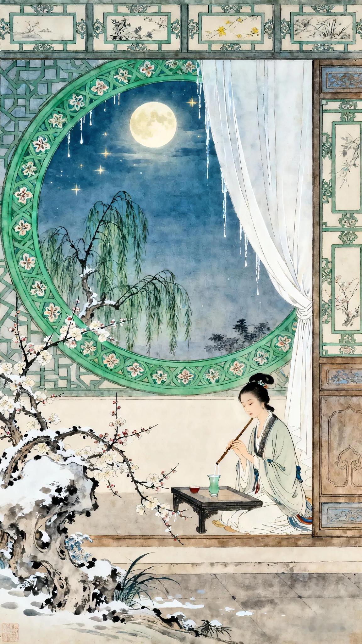 《喜迁莺》宋、史达祖。月波疑滴。望玉壶天近，了无尘隔。翠眼圈花，冰丝