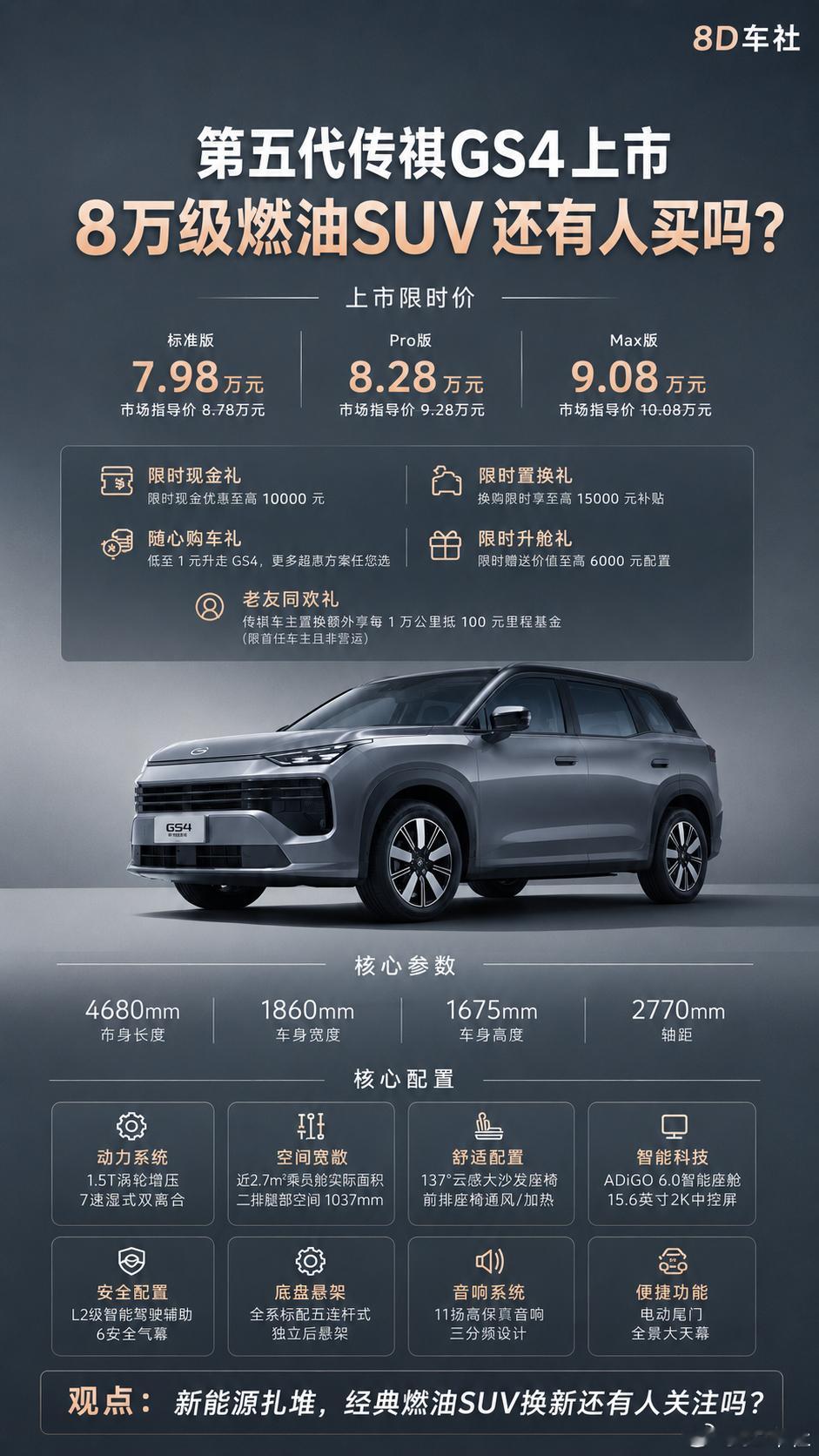 第五代传祺GS4上市，8万级燃油SUV还有人买吗？车身尺寸：4680mm×186