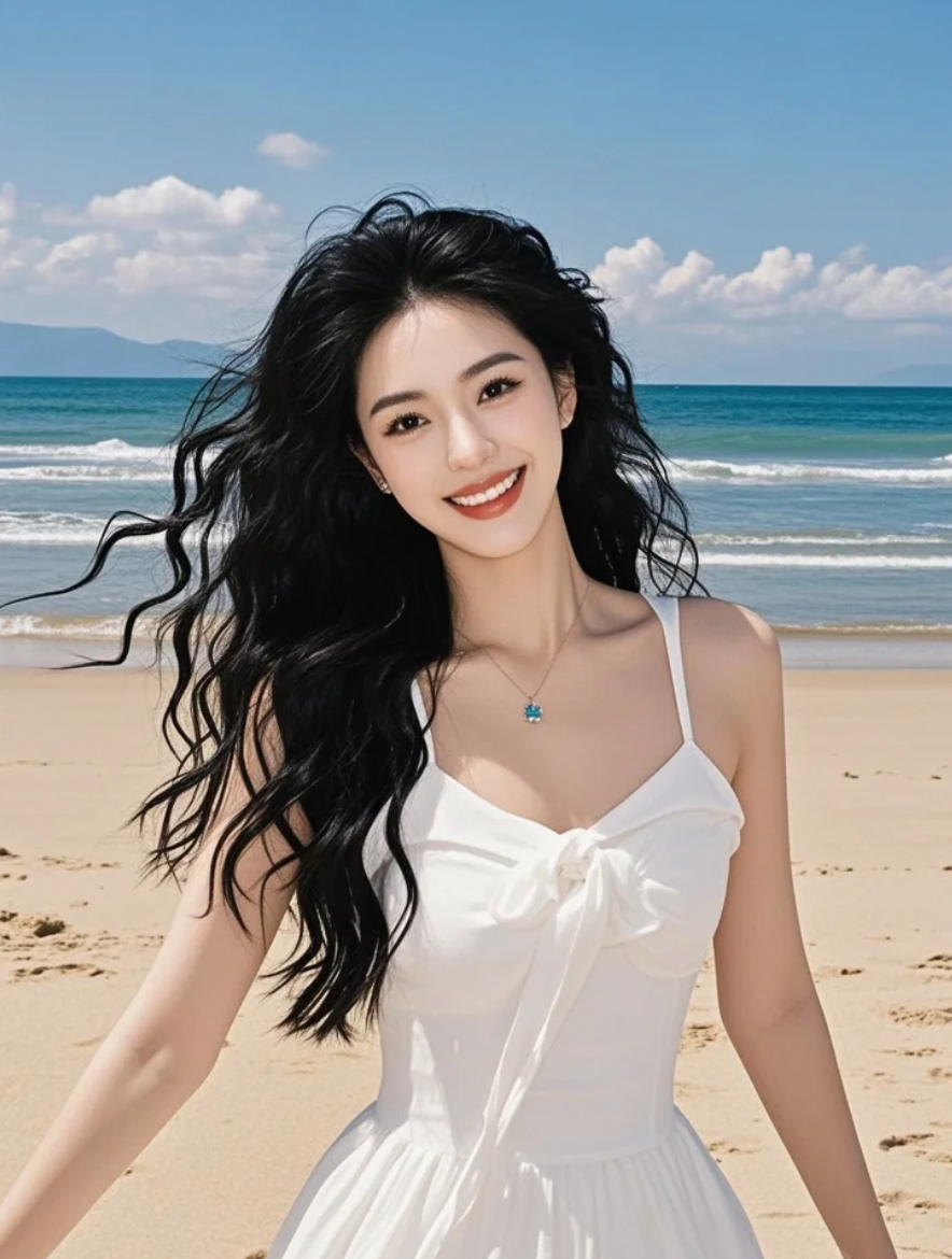 清晨的海边，她与世界独处