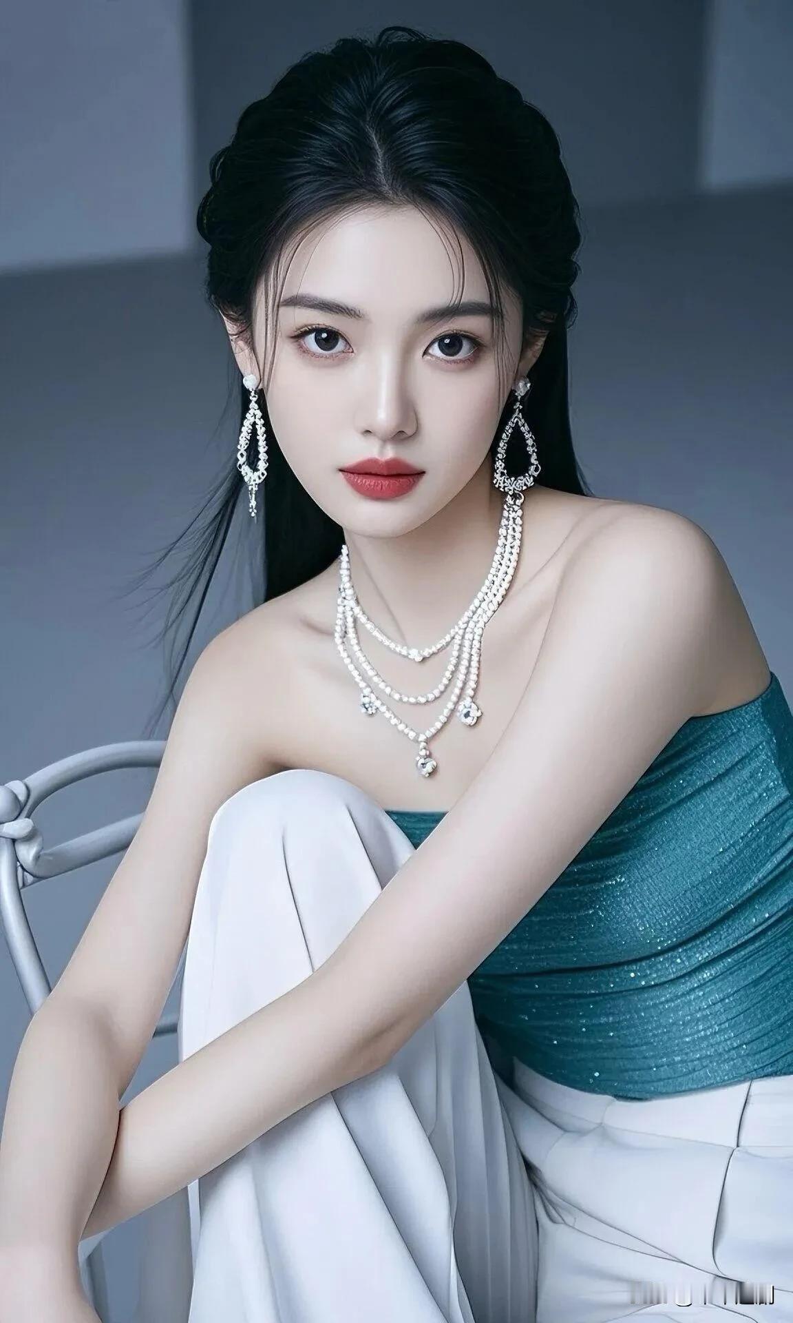 墨绿抹胸缠珍珠，黑长发挽出清冷的贵气与惊艳贵气黑裙女神气质吊带黑裙气质