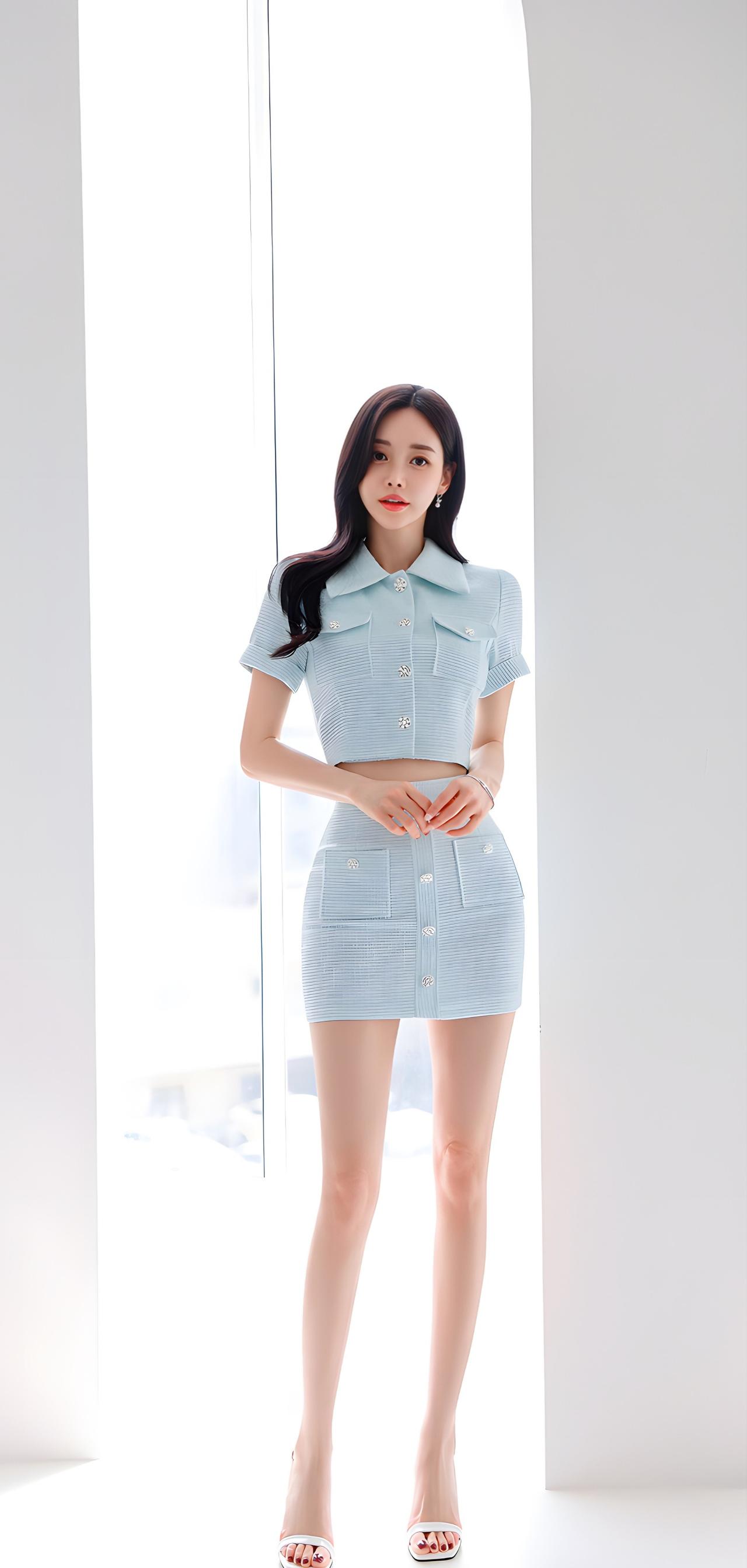 清新夏日穿搭，浅蓝色牛仔短裙搭配白色高跟鞋，甜美可人！🌞👗👠