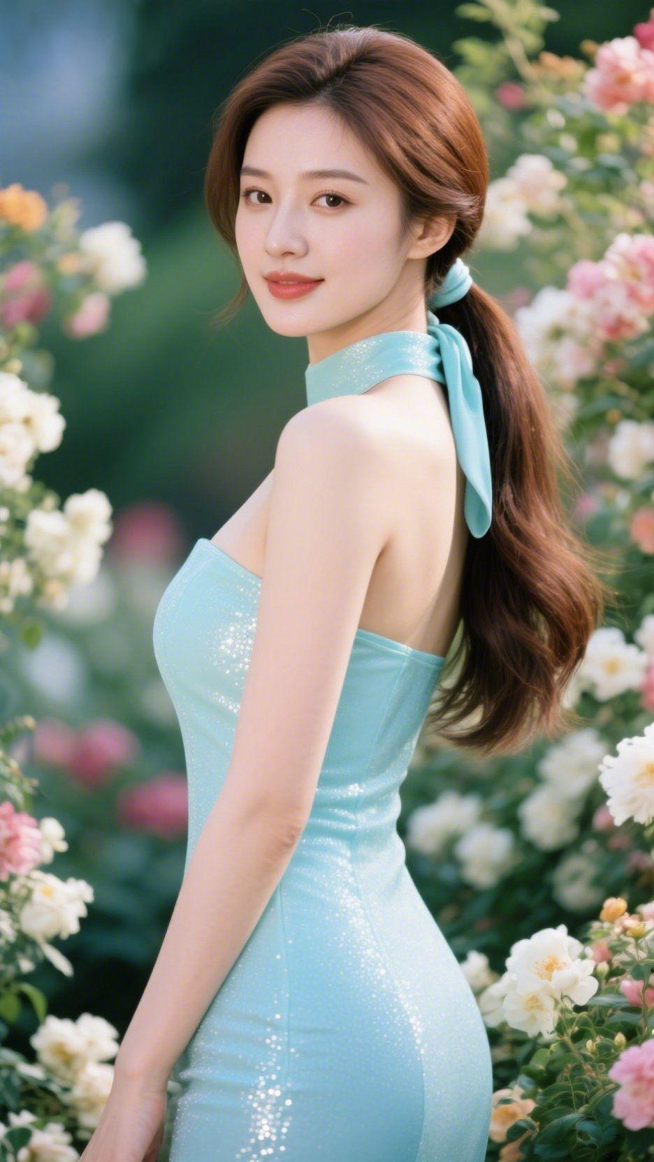 《青裙裹着花暖》花影轻栖肩头时，她立在园间抬眸。棕发束成软顺的马尾，发间同