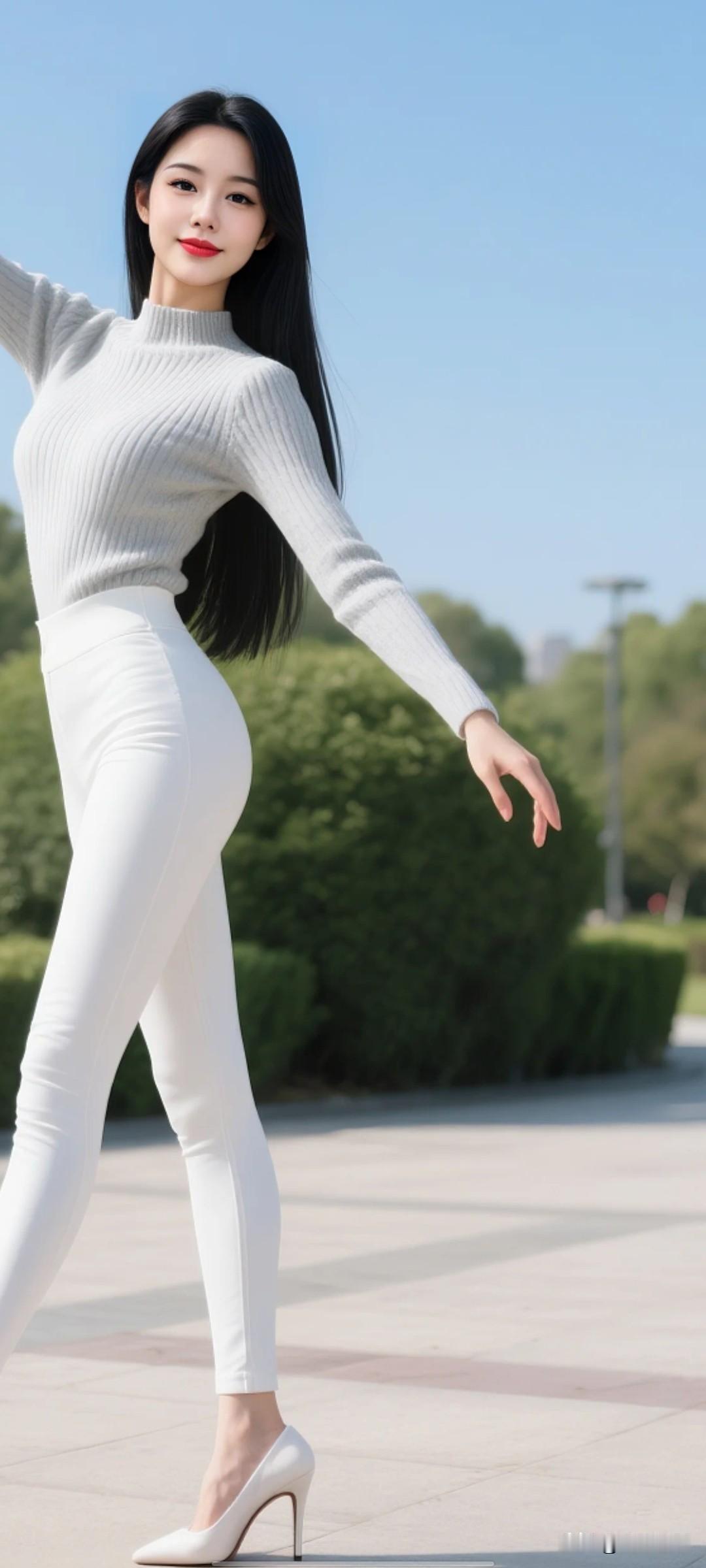 写实摄影风格，东亚年轻女性，黑色长直发，精致红唇妆容，白灰色修身针织毛衣，白色紧