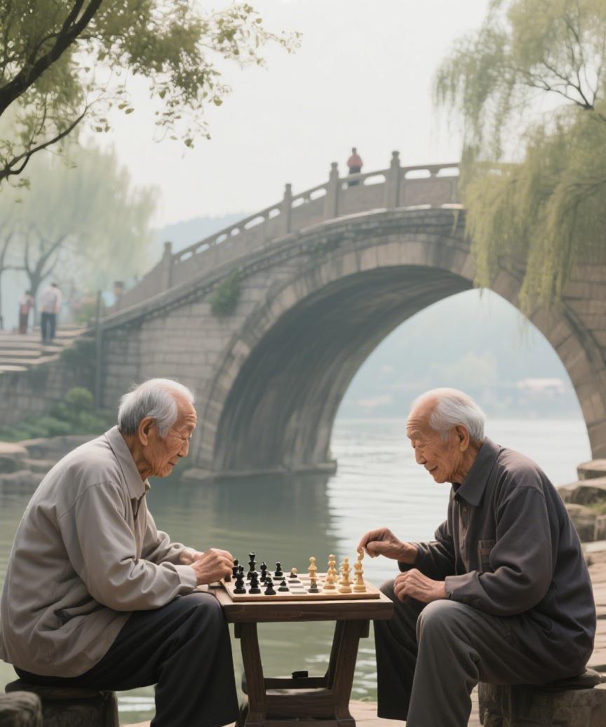 #AI妙生图#石桥下，流水旁，两位老人对弈时光。落子间，人生如棋，每步皆有深意