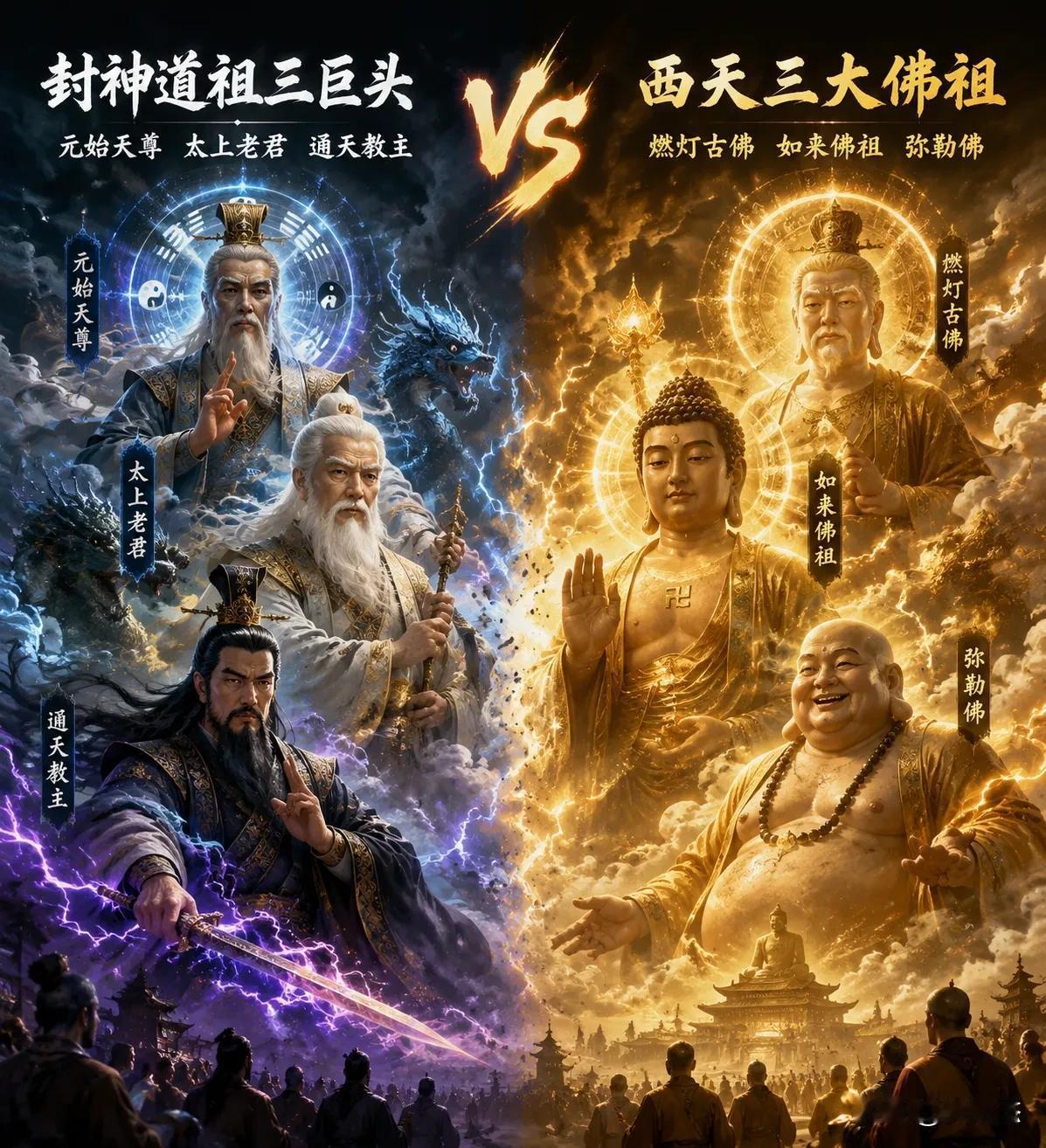封神三清三巨头：元始天尊、太上老君、通天教主VS佛门三大强者：燃灯古佛、如来