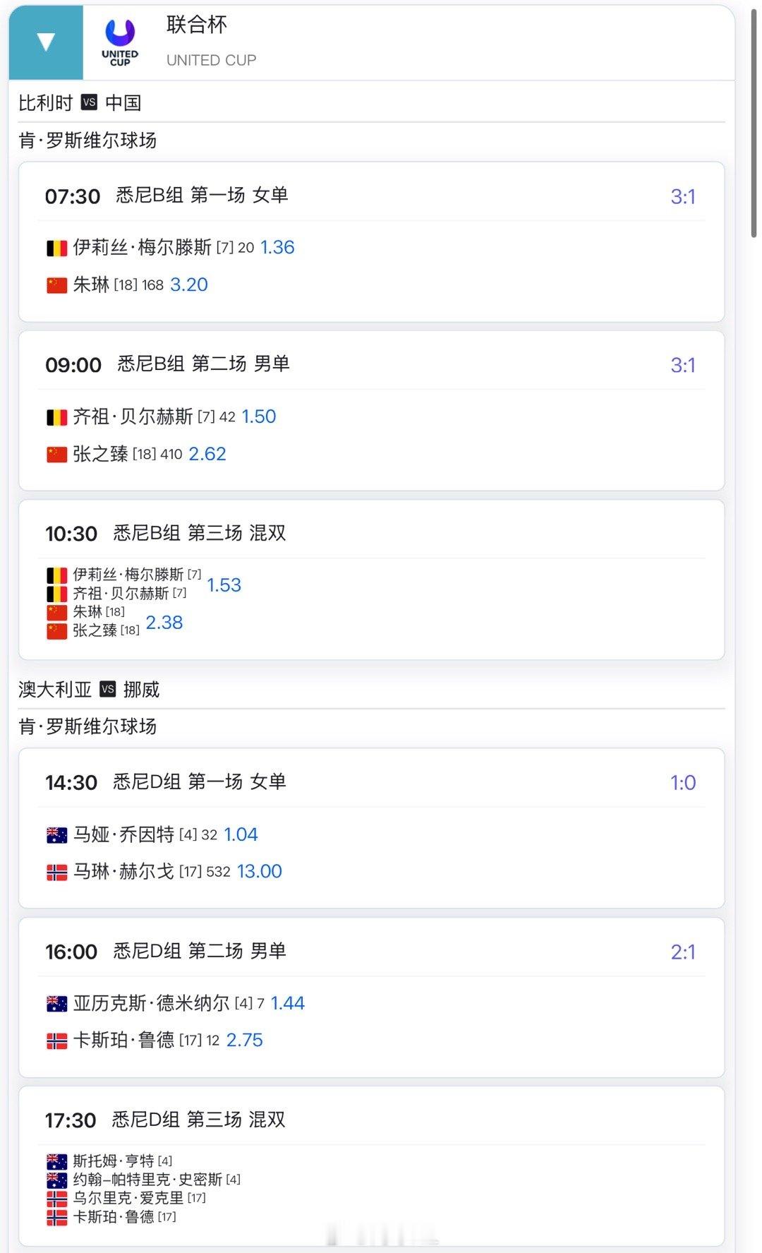 联合杯明日赛程7:30🇨🇳朱琳vs🇧🇪梅尔滕斯随后🇨🇳张之臻