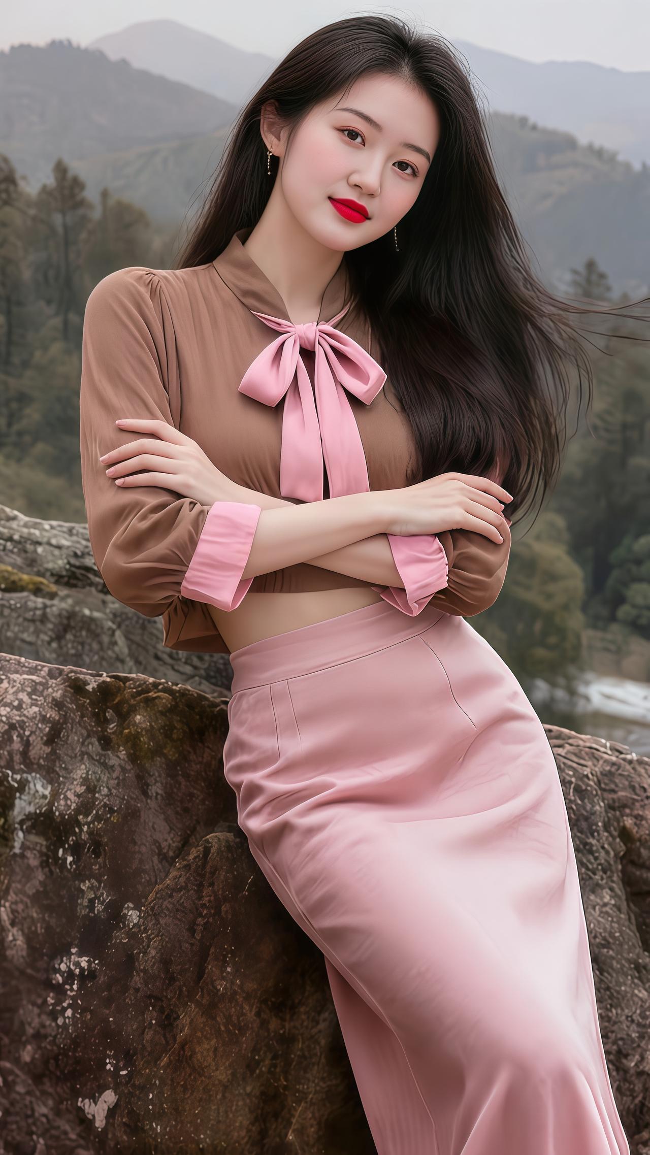 山顶的风景总要自己去看美丽大自然风景气质美女穿搭