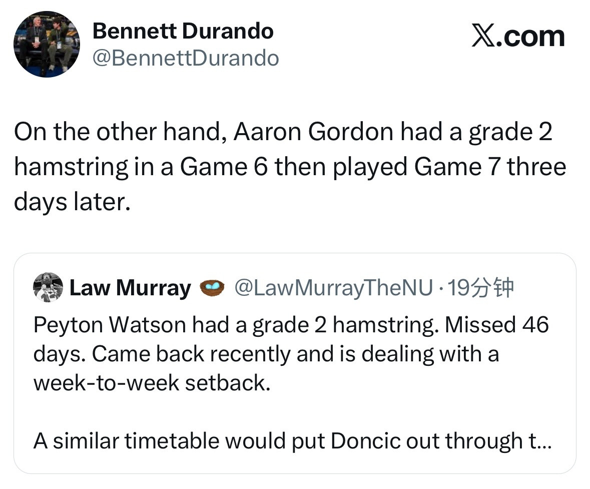 掘金球员沃特森遭遇了二级腿筋拉伤，缺席了46天。近期刚复出，又陷入了每周评估的伤