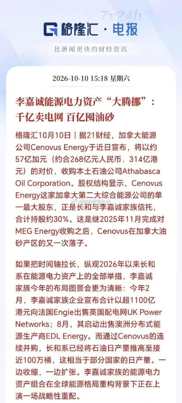 李嘉诚资产大腾挪，千亿卖掉电网，大手笔囤油砂，正式重仓石油资产这下和巴菲特算是殊途同归巴菲特布局西方