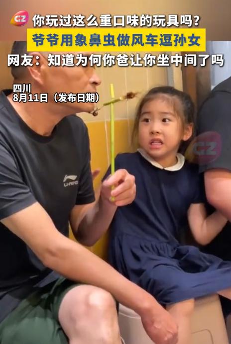 笑不活了！8月11日羊城晚报报道，四川，一爷爷见孙女无聊，便用象鼻虫做了一个风车