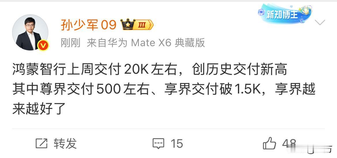 孙少军：鸿蒙智行上周交付20K左右，尊界交付500左右、享界交付破1.5K！