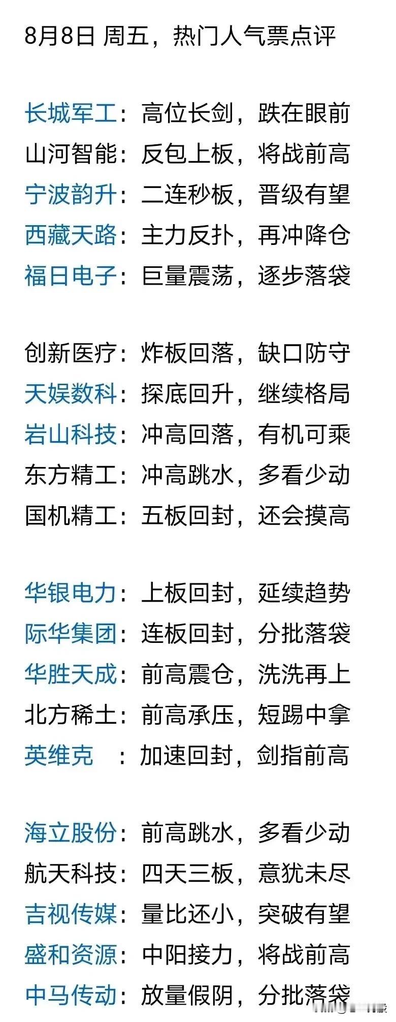 1.8月8日热门股票点评-核心观点：对当日表现强势的股票进行技术面分析，