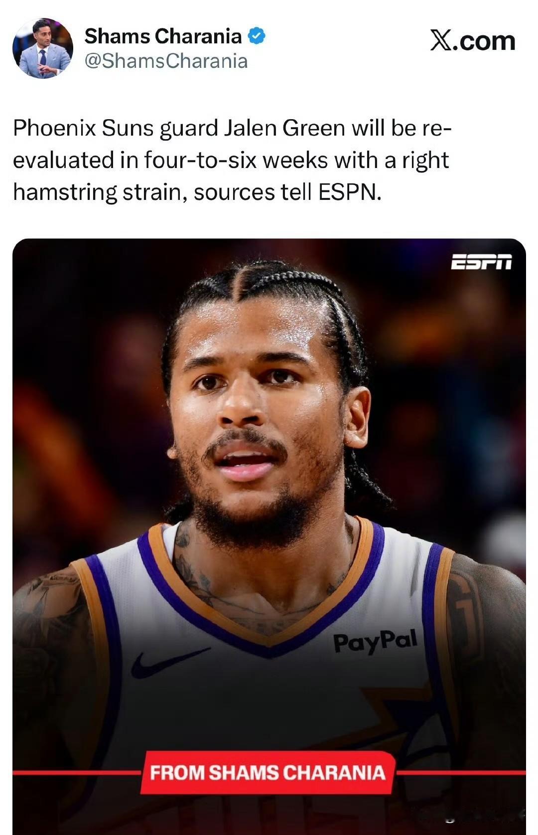 确诊了！！！杰伦-格林右腿筋拉伤，4-6周后重新接受检查！根据记者Shams