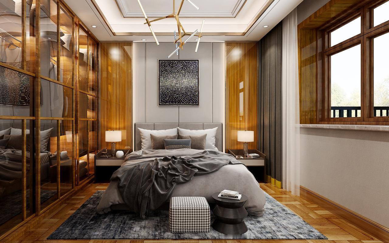 新中式风格的卧室，不得不佩服设计师的构思。第一张图片入眼一看就是满眼的金黄色