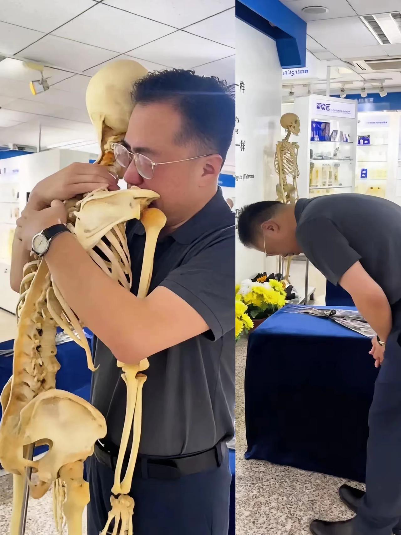 首都医科大学，解剖厅。韩炜医生抱着一副骨架，哭到颤抖。这不是道具，是他恩师张