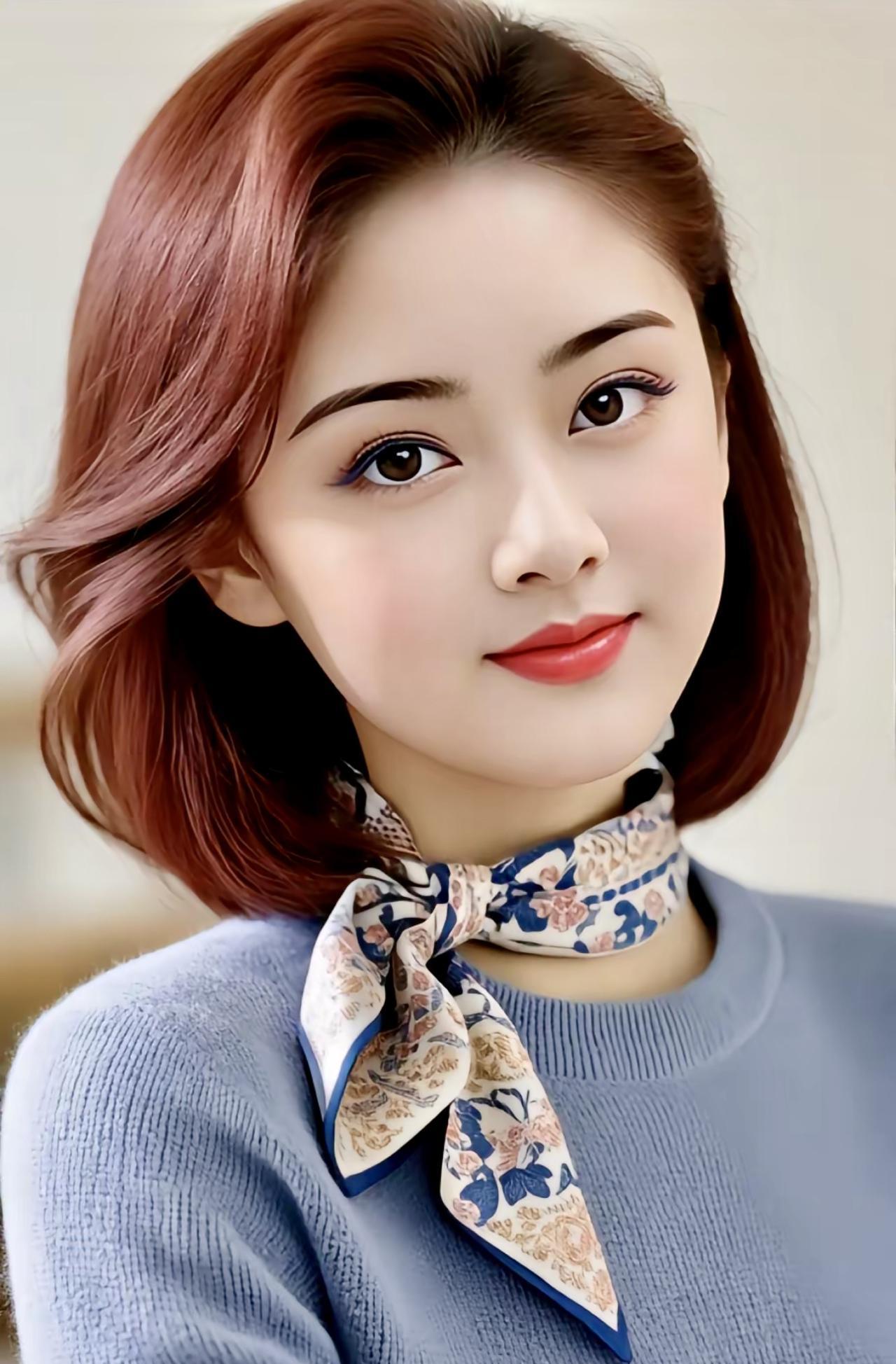七律·观佳人感怀棕发微蜷衬玉颜，蓝衫轻裹韵如仙。丝巾系颈添优雅，笑靥含情绽暖