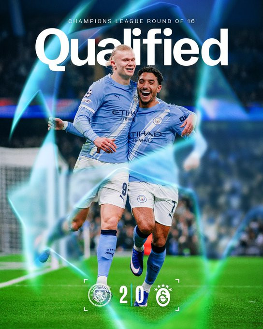 欧冠曼城主场2-0加拉塔萨雷，以第8名压线直通欧冠16强（淘汰赛种子队）；加拉塔