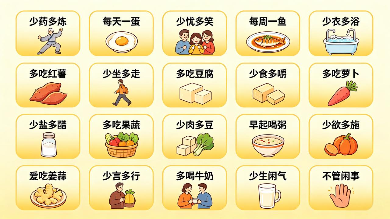 坚持这样做你会越来越长寿①少药多锻炼，健康伴身旁！②每日吃一蛋，体魄更强