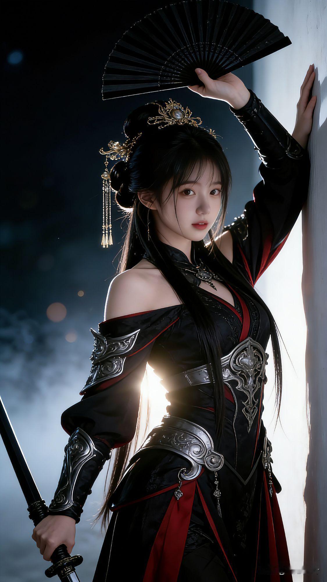 暗夜侠影折扇轻扬，剑影凝霜，红黑衣袂，在夜色里张扬。金饰缀发，银甲映光