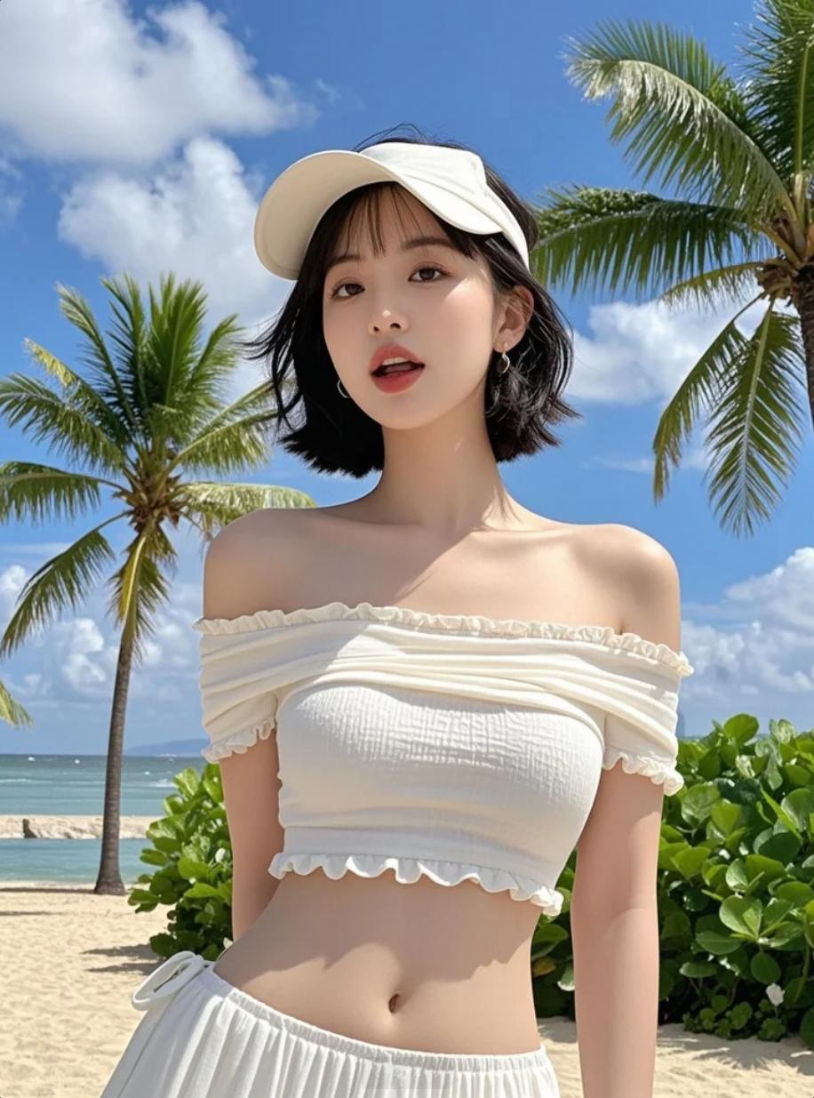 美女漫步沙滩，椰子树见证阳光之旅