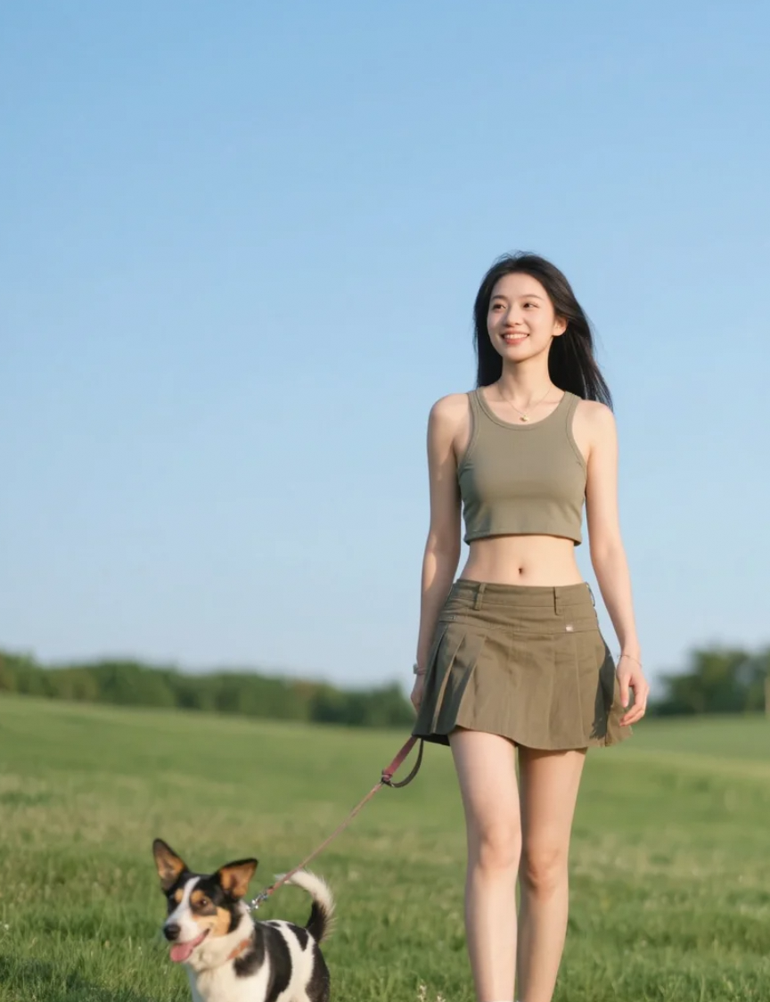 散步中的亚洲美女，草原上的日常浪漫