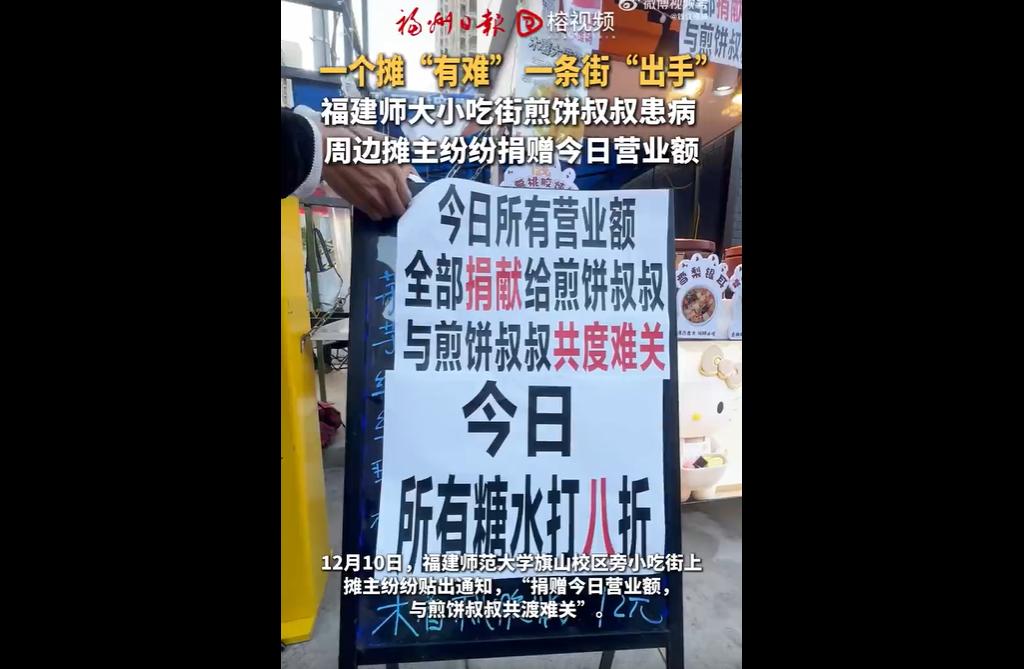 近日，福建师大旗山校区旁小吃街的煎饼摊主张叔叔确诊癌症，家人无奈网上求助。学生