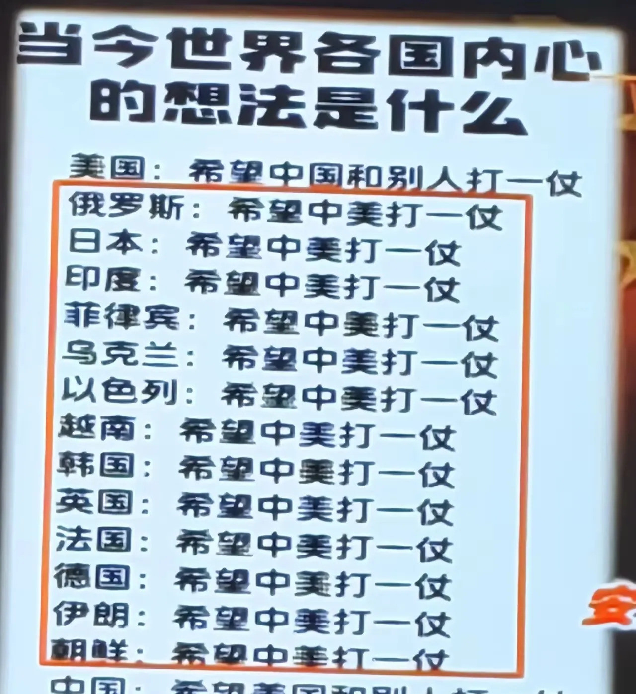 国家之间在想啥一览表谁都别想看中美打架，那根本不可能！所