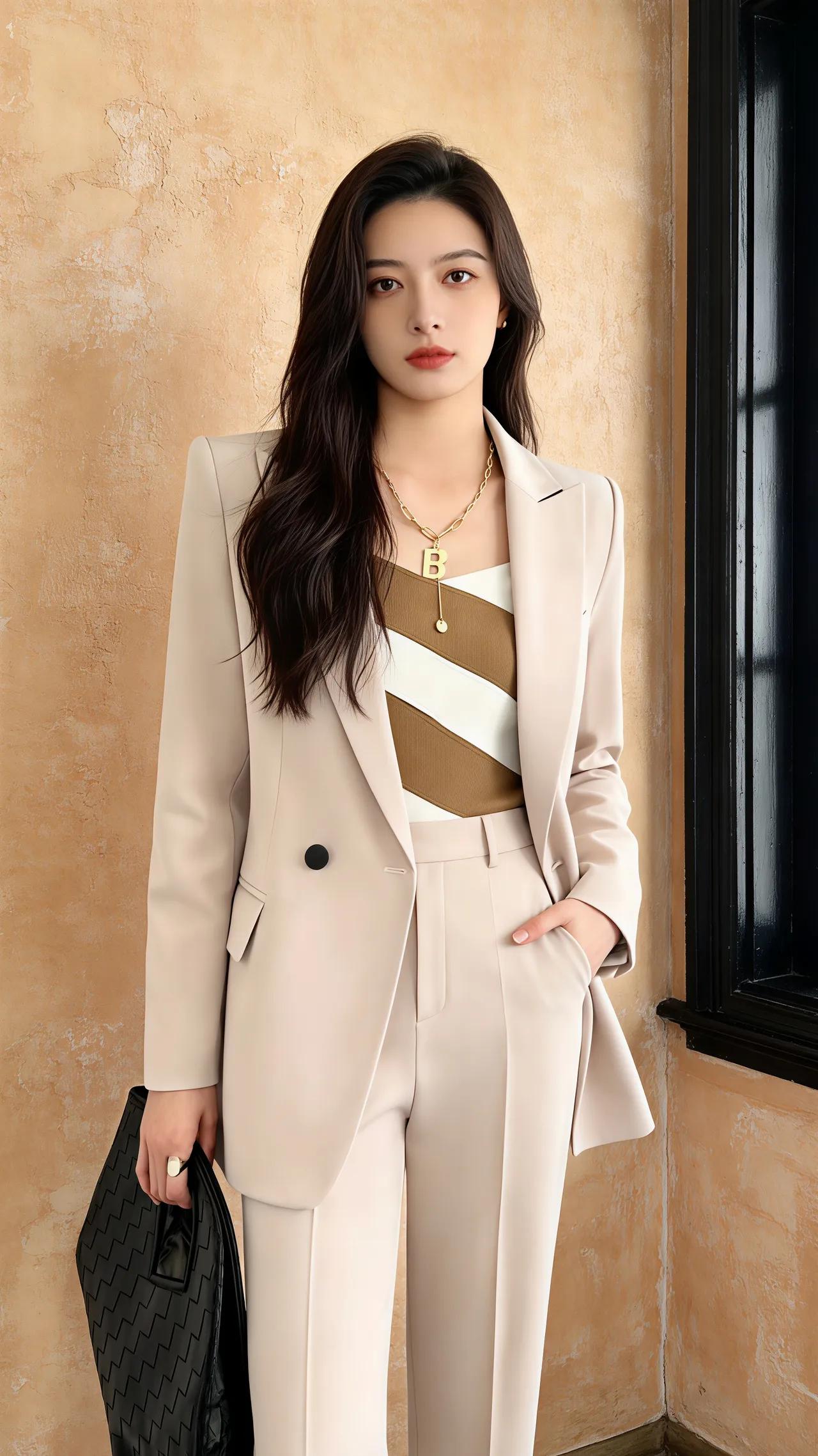 优雅职场风穿搭，米色西装套装搭配金色项链，尽显女性魅力！