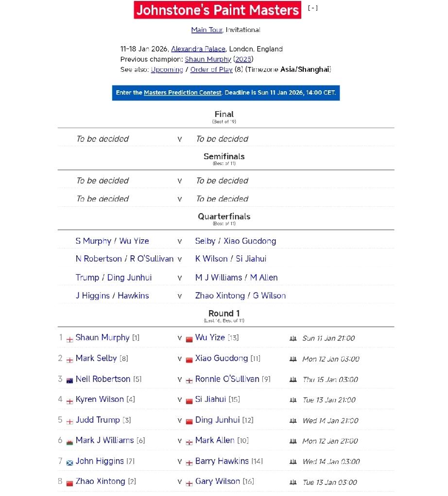 赵心童2026年一月份比赛赛程!★冠军联赛第四小组，1月8-9日，对手包括凯