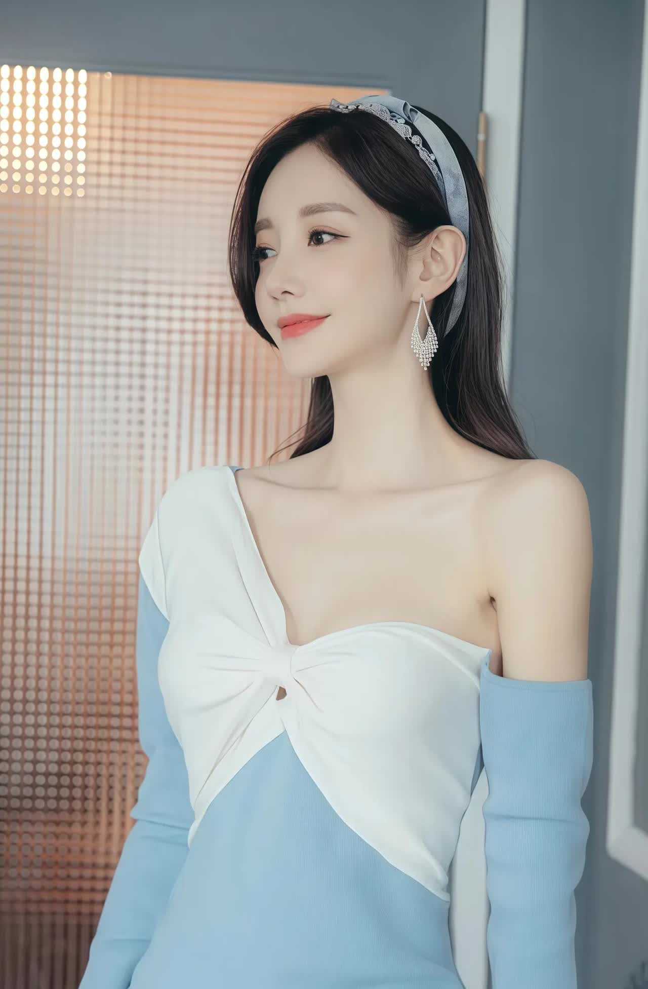 孙允珠温柔蓝白撞色连衣裙，甜美优雅，气质满满！