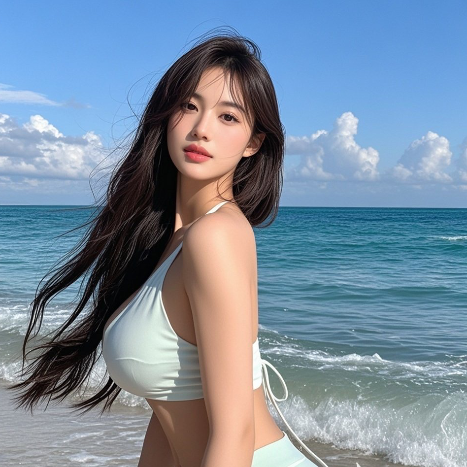 阳光少女沙滩漫步展笑颜
