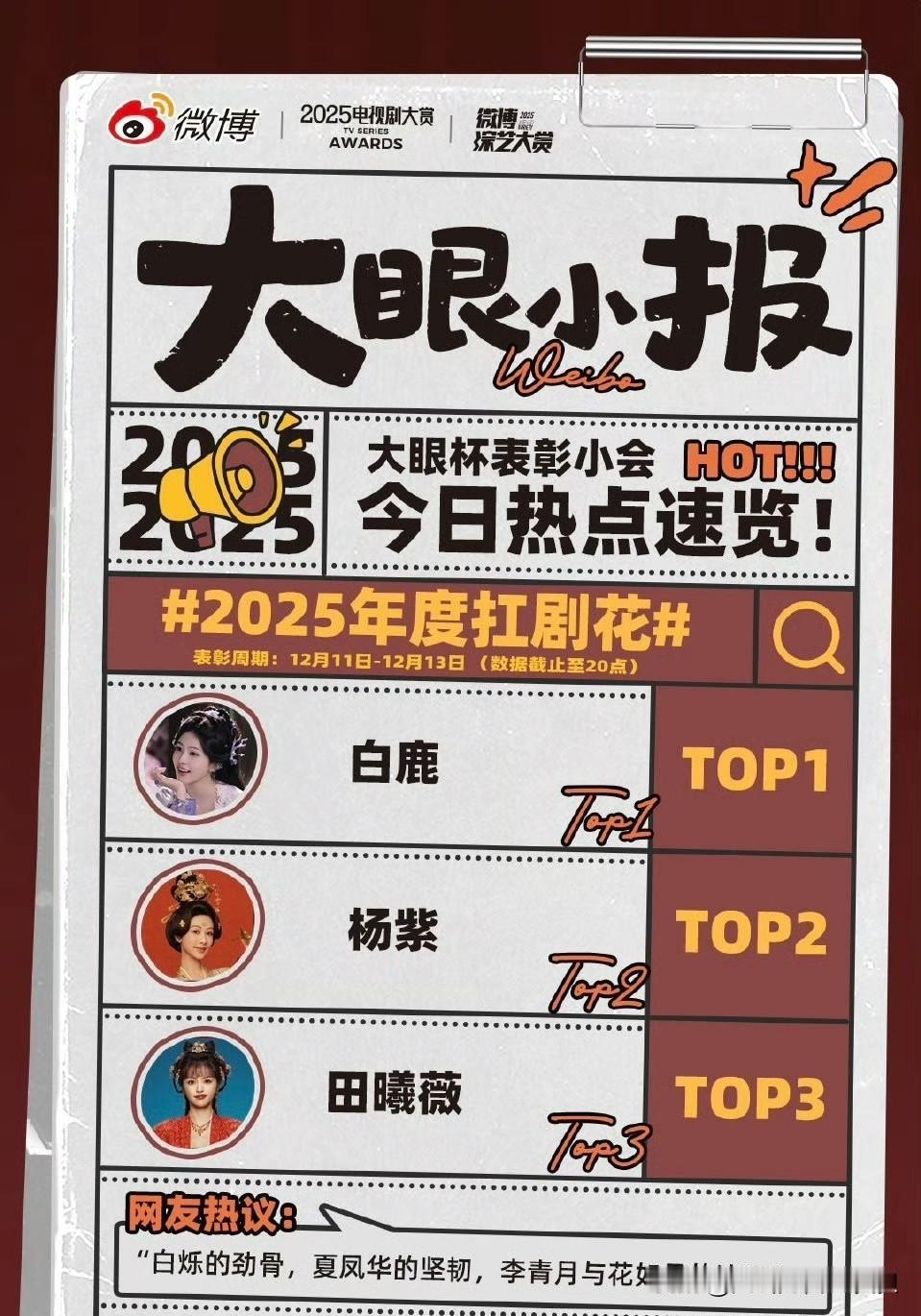 新浪发布的2025年度扛剧🌸和扛剧🥜🌸前三名是白鹿，杨紫和田曦薇?