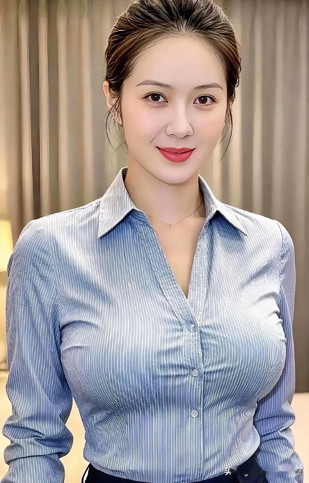 浅蓝条纹衬衫简约知性，盘发露颈尽显干练。温婉笑容如春风拂面，于柔和光影中散发职场