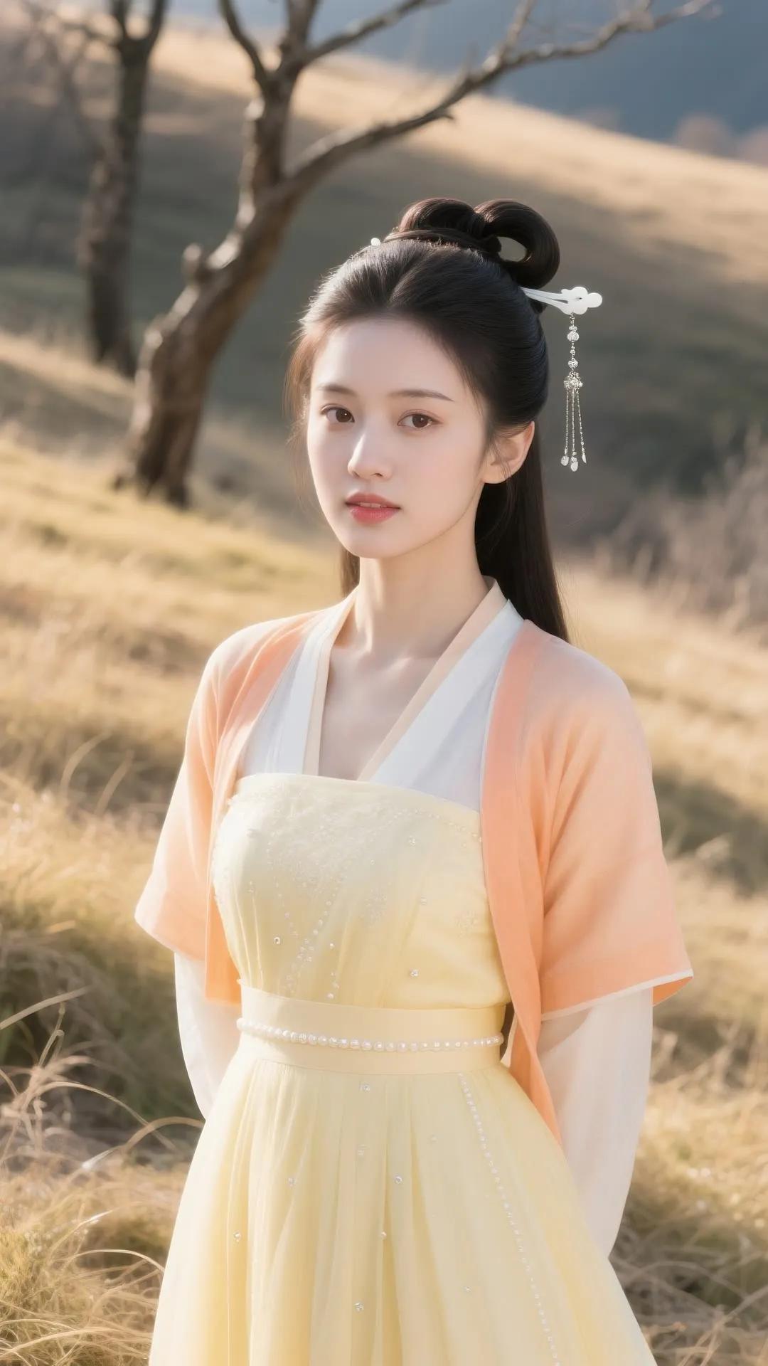 古风少女，杏黄长裙，微风拂面，恬静如画。/