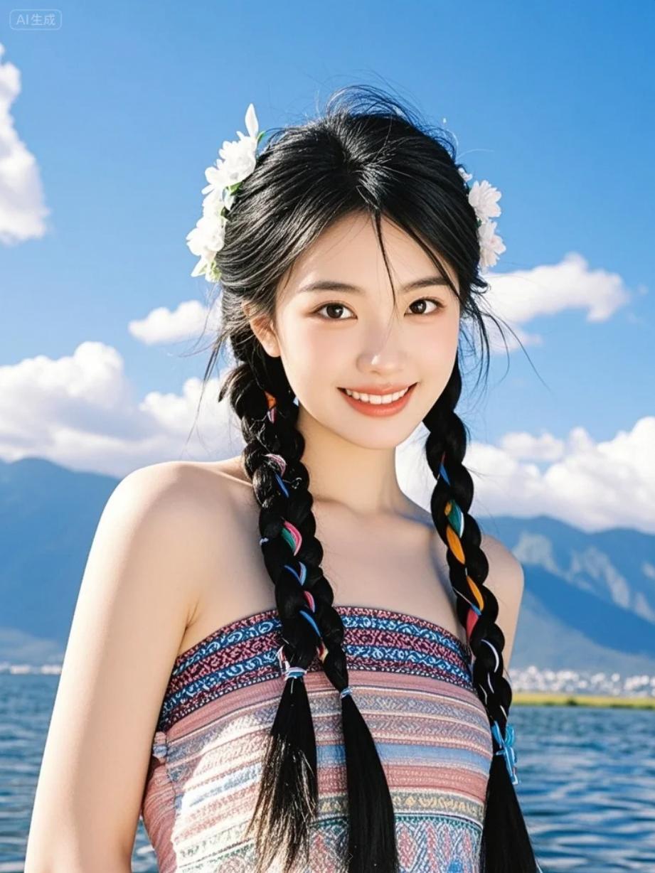 沙滩上的足迹，双麻花辫少女的夏日冒险